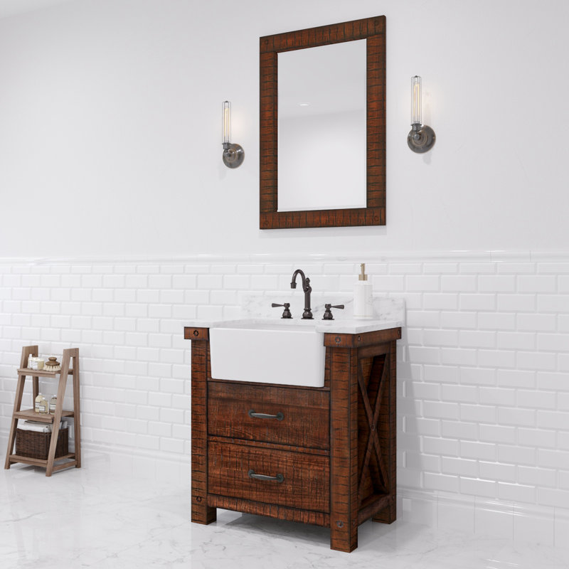 Paisley 30 In. Single Sink Carrara White Marble Countertop Vanity In Rustic Sienna With Mirror, Mirror Included