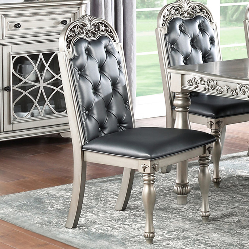 Silver Pu Upholstered Dining Chairs (2) - Intricate Carvings, Button Back, For Daily Use Of 2 Comfortable Occasions