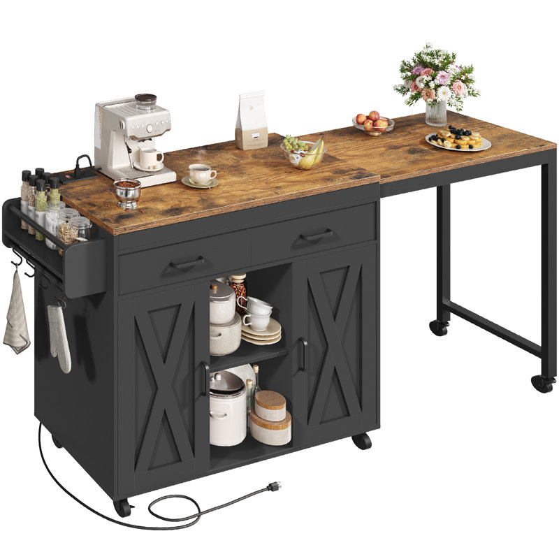 62.8"Farmhouse Kitchen Island with Extendable Dining Table and Outlets & Switch, 2 Drawers and 2 Doors Cabinet For Kitchen