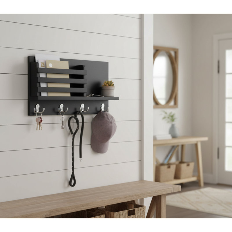 Wood Wall Organizer with Key Hooks, Black