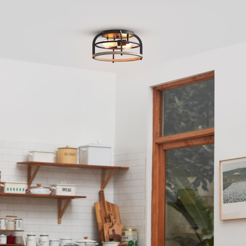 Plafonnier encastré noir mat à 2 lumières avec décorations en faux bois Japrice