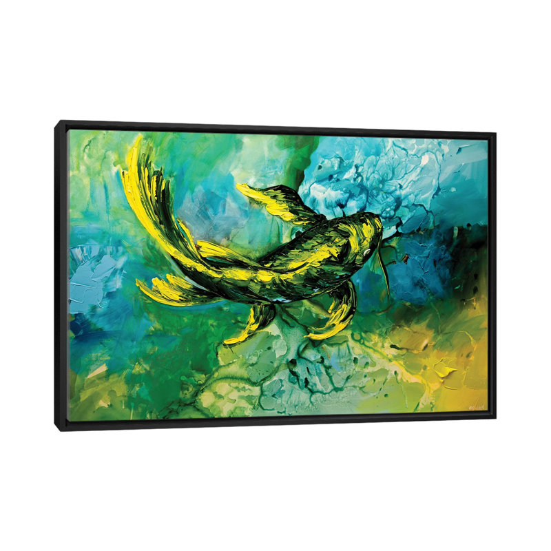 «Swiger Yellow Koi Fish», reproduction sur toile, H 18 po x l 26 po x P 1,5 po, Pas de tapis, Toile encadrée noire