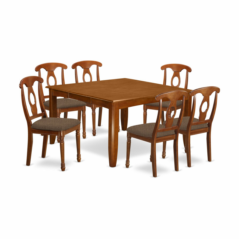 Teressa Solid Wood Top Four Leg Dining Set, 7 Pieces: 1 Table, 6 Chairs, Linen Fabric
