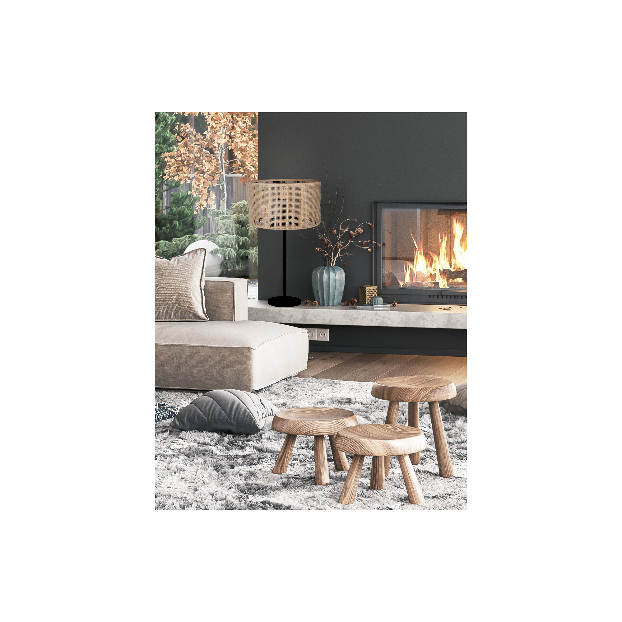 Romola 22 In. Matte Black Table Lamp With Natural Rattan Shade And 3 Way Switch, Natural