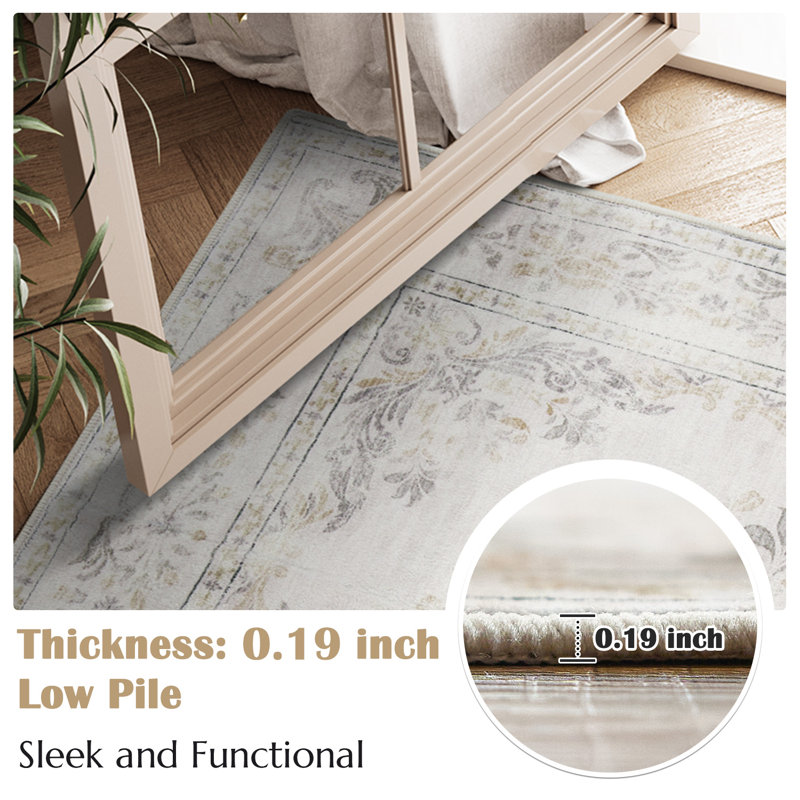 Vintage Floral Distressed Design Non-Slip Low-Pile Soft Thin Faux Wool Area Rug, Runner 2' x 6'