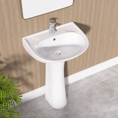 Lavabo de salle de bain à piédestal l 22 po x P 17 po avec lavabo vasque de salle de bain en U vitrifié blanc avec trou pour robinet