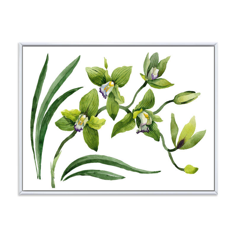 Fleurs d'orchidées vertes - peinture sur toile, H 12 po x l 20 po x p 1 po, Cadre flottant blanc