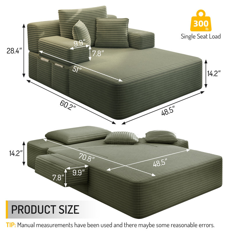 Chaise longue en velours côtelé luxueux avec 3 coussins, canapé-lit convertible et poche de rangement, Corduroy+Green