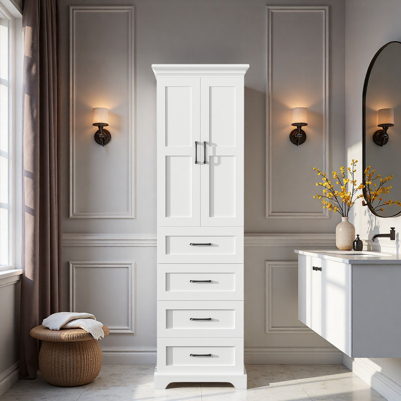 Rangement autoportant pour la salle de bain avec 2 portes à charnières, 3 tiroirs, tablette réglable et poignées noires Lron