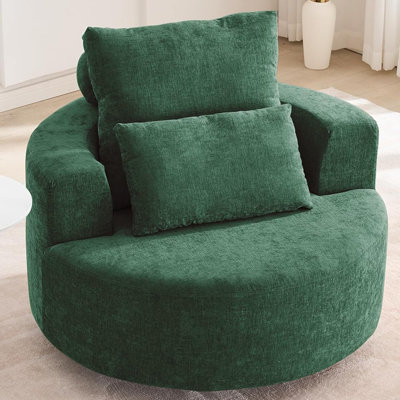 Oversized Barrel Accent Chair, 360° Swivel Round Upholstered Compression Sofa, Chenille High-Resilience Sponge, No Assembly Wide Seat