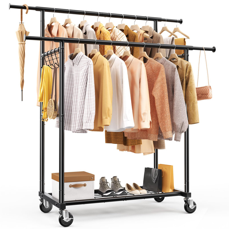  Portemanteaux robuste à double rails avec tablettes, support à vêtements en acier d'une capacité de 450 lb avec roulettes, tablette inférieure en filet à longueur réglable pour le rangement, noir
