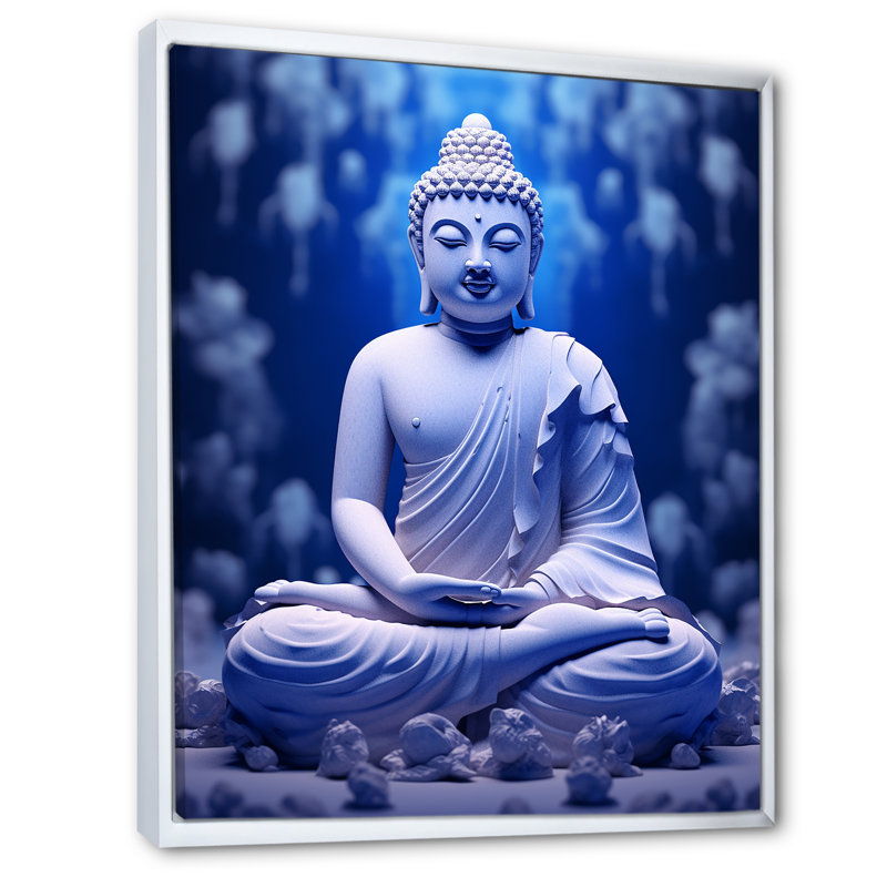 Reproduction sur toile, "Blue Medication Buddha Meditation", Cadre flottant blanc, H 40 po x l 30 po x P 1,5 po