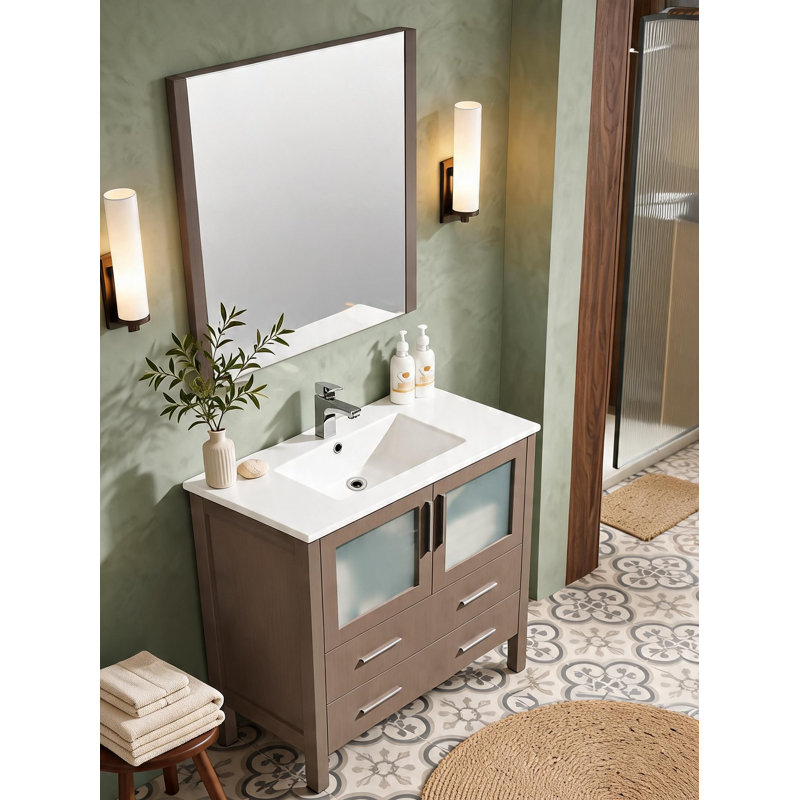 Ensemble de meuble-lavabo sur pied 36 po avec miroir, comptoir en céramique, portes en verre givré et tiroirs à fermeture en douceur
