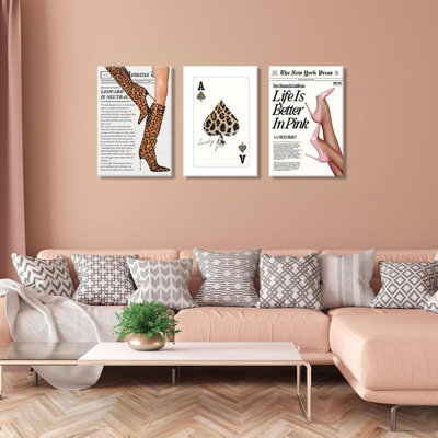 Set Of 3 Trendy Leopard Canvas Wall Art, Vintage Newspaper Leopard Boots Print, Spades Cheetah Poker Lucky You Poster, Funky Pink High Heel Girly Bedroom Wall Decor 12X16in Wrapped Canvas