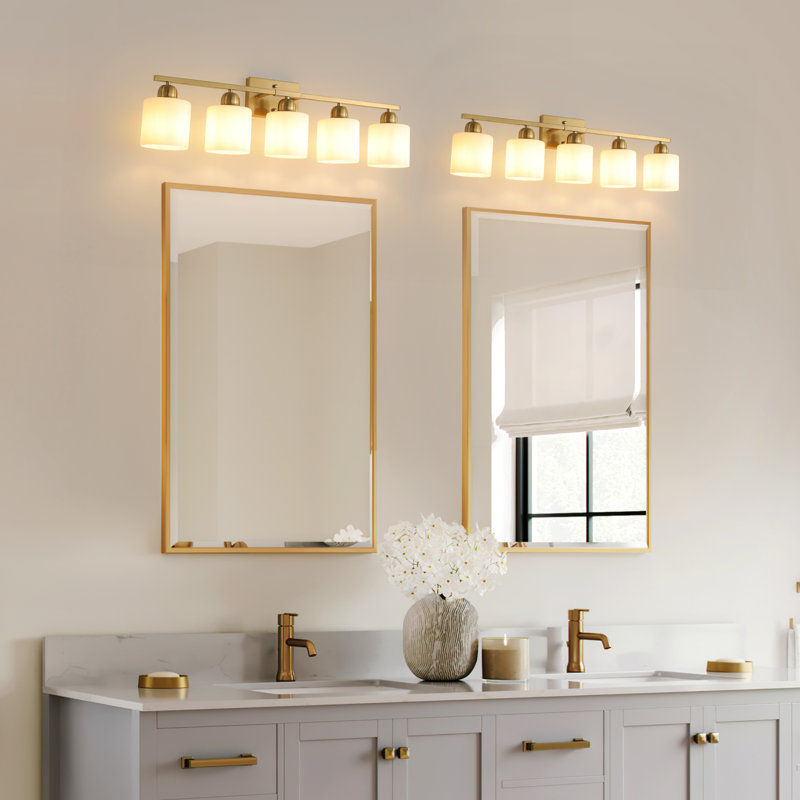  Éclairage de meuble-lavabo à 5 lumières à intensité variable avec abat-jour en verre de lait givré, Doré, 5 lumières