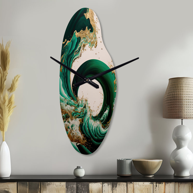 Horloge murale en forme de spirale abstraite, émeraude verte et dorée, vagues abstraites IV, Grand