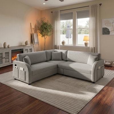 85.1" Convertible L-Shaped Sofa with Pull-Out Bed, Side Pocket and USB Port