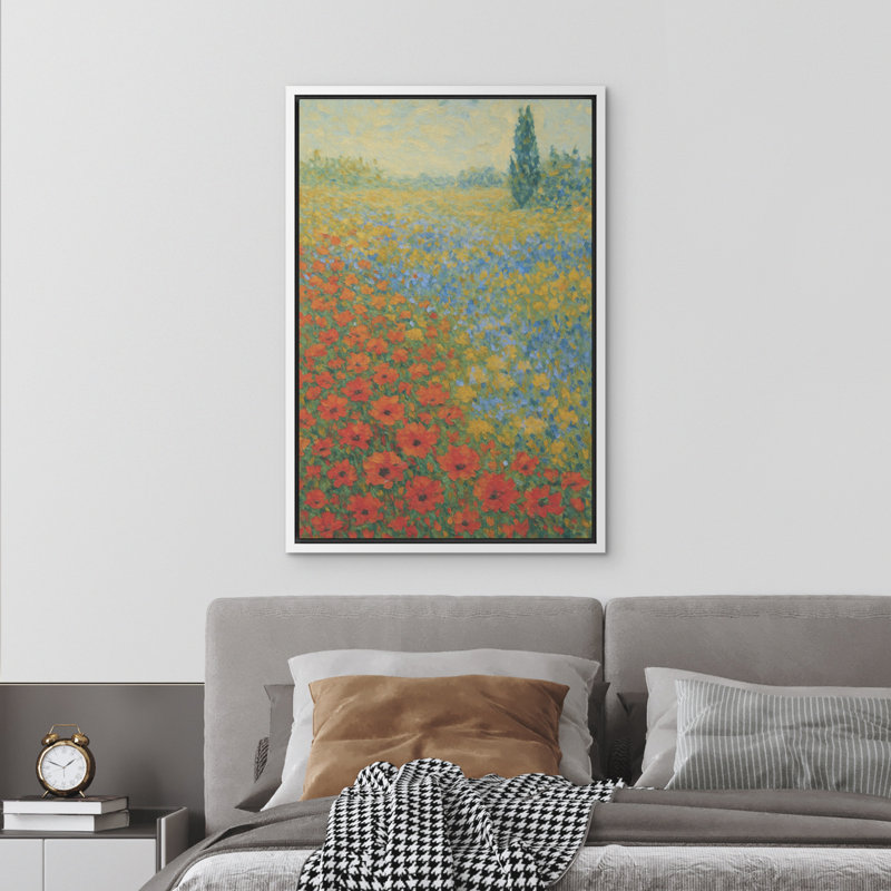 Impressionniste impressionnant sur toile de fleurs sauvages rouges et bleues prairies - Art de paysage de champ lumineux pour le salon ou le couloir - Décor inspiré de la nature