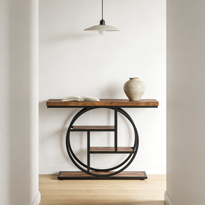 Brown Rectangular Console Table With Metal Frame And Shelf For Organized Entryways