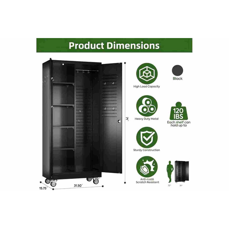 Broom Closet Storage Cabinet with Wheels and Pegboard,Metal Garage Storage Cabinet with Doors and Adjustable Shelves for Garage Home,Required Assembly,Black