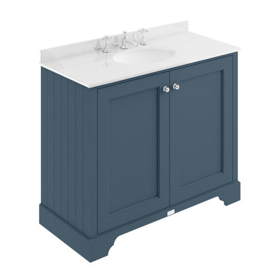 Bayswater 1000mm Stiffkey Blue 2 Door Floor Standing Cabinet With 3 Tap Hole Basin With White Worktop