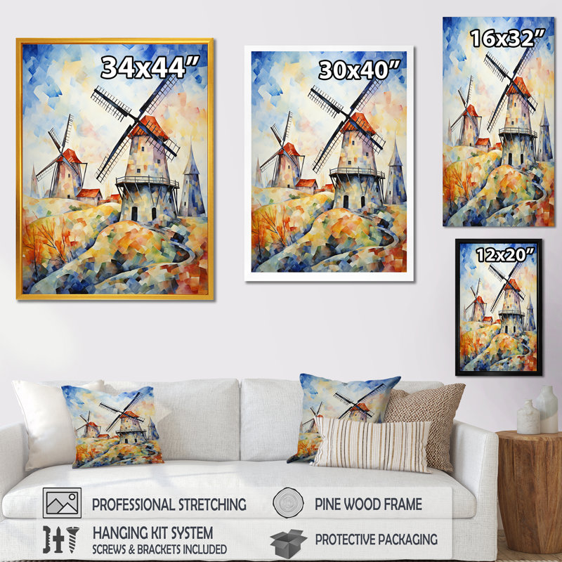 Fauvist Windmill Meadows IV - Wind Turbines, art mural, Cadre flottant doré, 44" H x 34" W