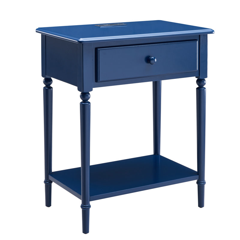 Coastal Solid Manufactured Wood Side Table with AC/USB and USB-C Port, Navy Blue