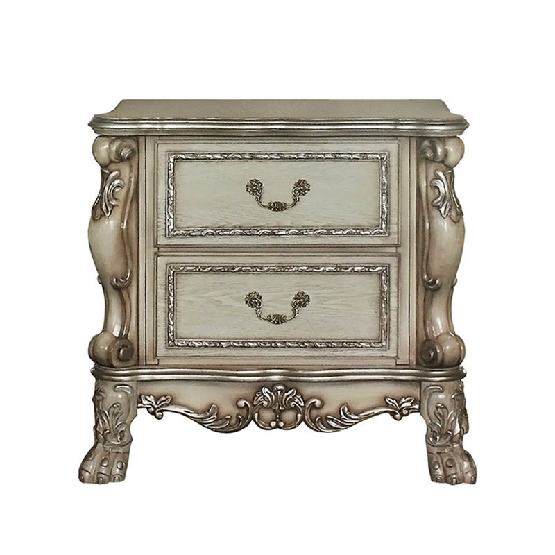 Table de chevet pour chambre à coucher avec 2 tiroirs et bois brossé contrastant doré