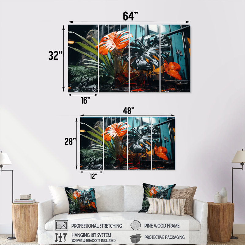 Ensemble moderne d'art mural moderne orange et vert II - Collages abstraits, H 32 po x l 64 po