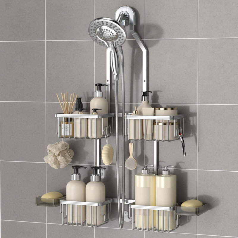 Serviteur de douche réglable en aluminium à suspendre au-dessus de la pomme de douche antirouille avec crochets Porte-savon pour pomme de douche à main argent