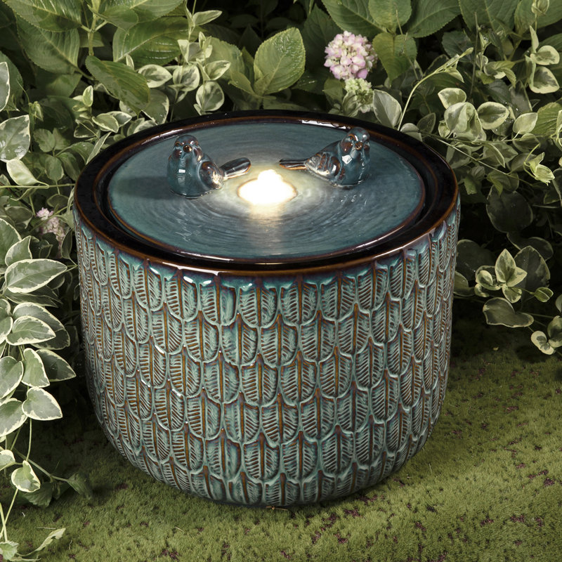 Fontaine cylindrique en céramique à deux feuilles avec motif de feuilles en relief, Turquoise