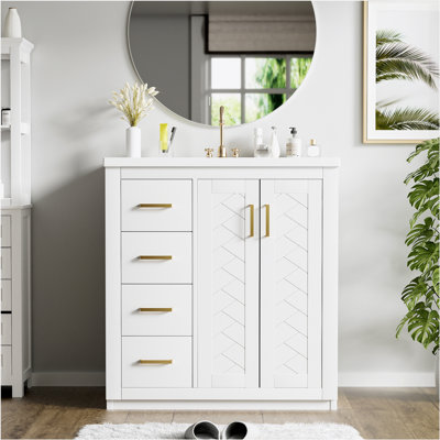 Ensemble de meuble-lavabo 30 po avec lavabo en céramique, armoire de rangement en bois massif, ensemble de meuble-lavabo autoportant avec 3 tiroirs et portes à fermeture douce