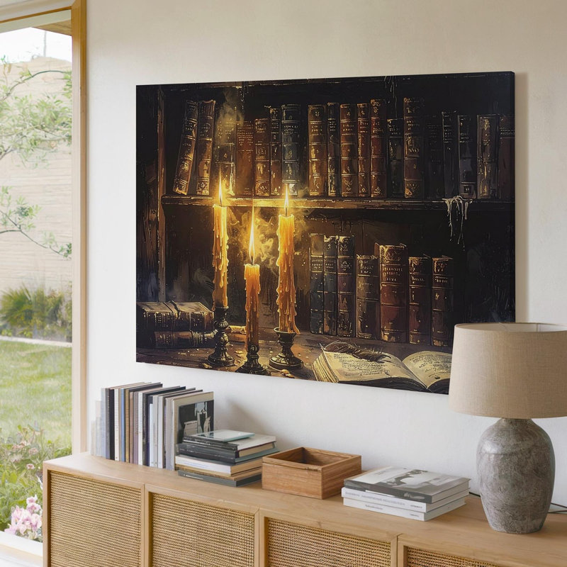 Toile arcane bibliothèque coin Moody aux chandelles Sorcery Wall Art prêt à accrocher galerie décorée décoration moderne de qualité supérieure
