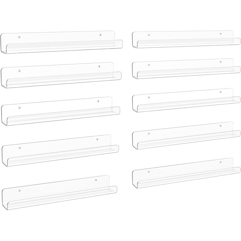 Clear Acrylic Floating Shelves Set Of 10, Wall Mounted Book Display For Nursery Kids Room, Vinyl Record Holder, Magazine Rack, Picture Ledge Shelf, Modern Wall Decor