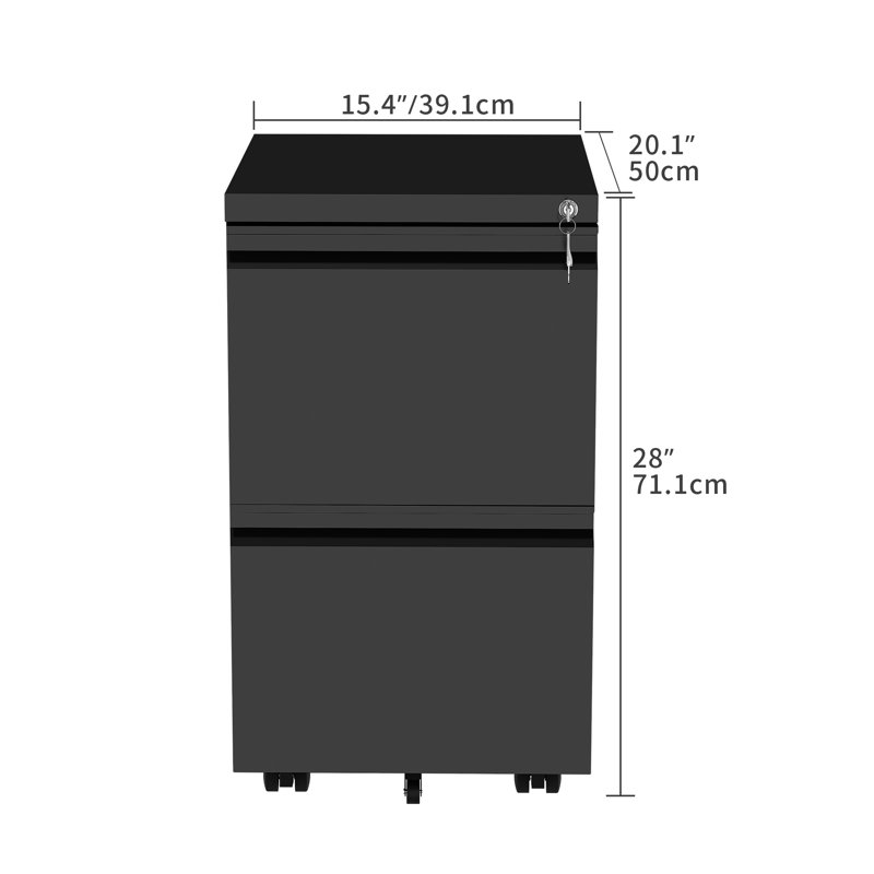 Black Steel 2-Drawer Lockable Mobile Vertical File Cabinet