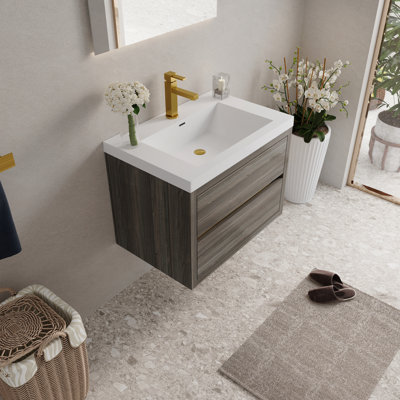 Meuble-lavabo mural de 30 po avec lavabo, meuble de rangement flottant avec comptoir en résine de pierre et tiroirs à fermeture en douceur entièrement assemblés, gris cendré