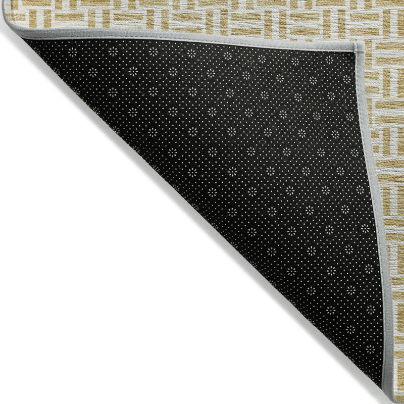 3' X 5' Gold And Ivory Geometric Washable Indoor Outdoor Area Rug