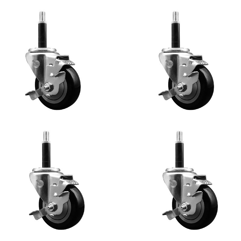 3.5 Inch SS Poly Swivel 3/4 Inch Expanding Stem Caster Set with Brake SCC, Black