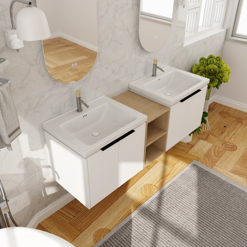 Meuble-lavabo mural double 59,65 po avec plateau en céramique Devanshi