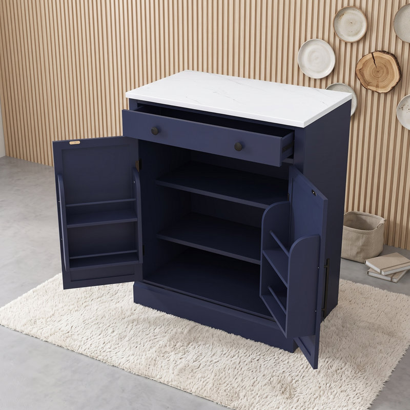 Armoire de rangement autoportante chic avec tiroir, tablettes réglables et plateau en faux marbre, Blue