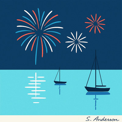 «Simple Harbor and Fireworks Silhouette», art mural sur toile