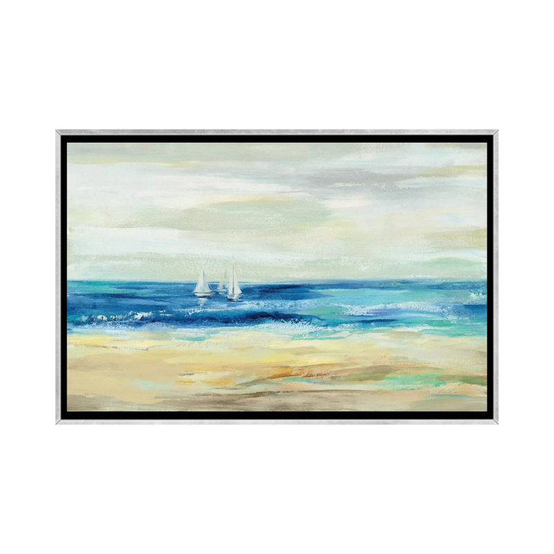 Sable et mer par Silvia Vassileva - reproduction d'art, Pas de tapis, H 32 po x l 48 po x 1,5 po, Toile avec cadre argenté
