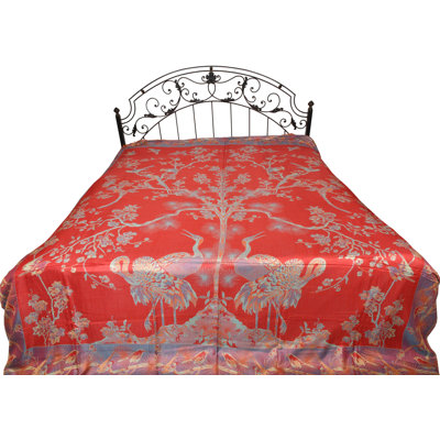 Mineral Red Reversible Jamawar Bedspread – Woven Tree of Life Jacquard Coverlet