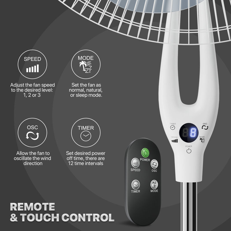 White Adjustable Height Oscillating Floor Fan with Remote Control