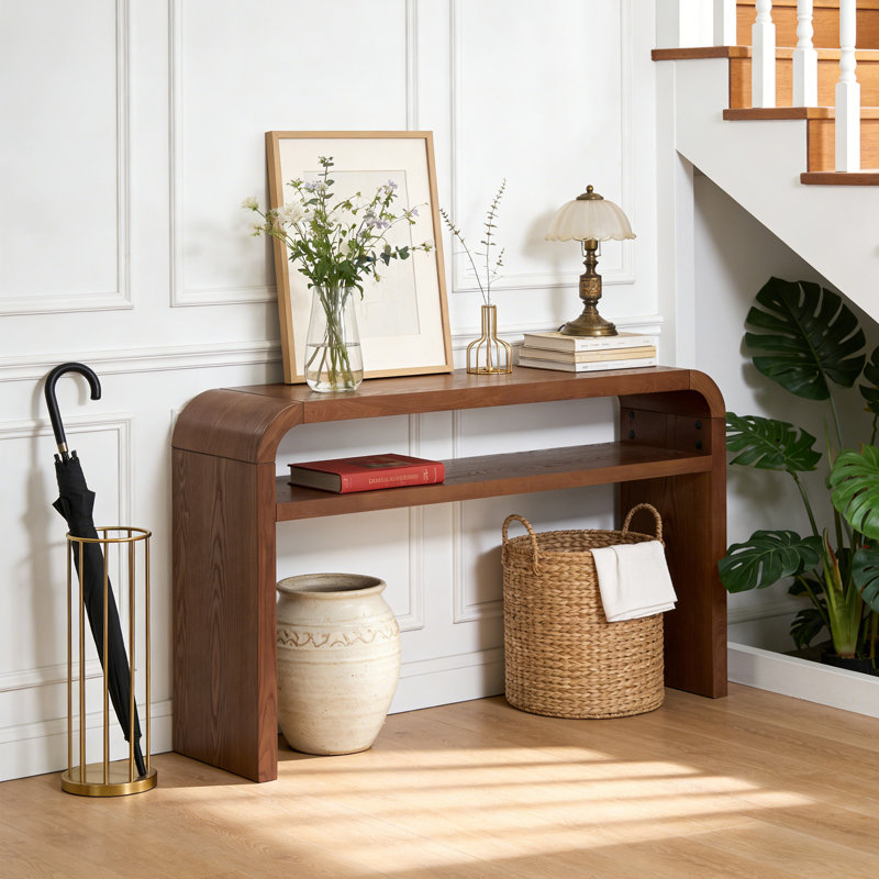 59.4'' Wood Console Table with Solid Wood Veneer and Curved Corners, Walnut