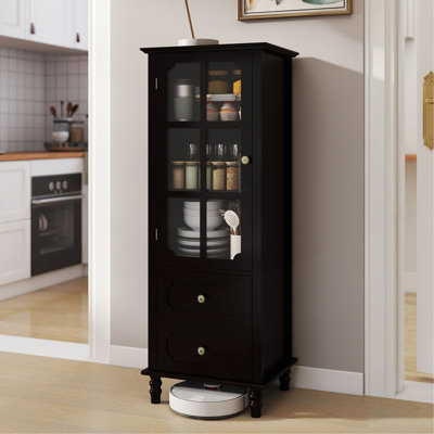 Black Tall Storage Cabinet with Glass Door & 2 Drawers, Narrow Freestanding Sideboard Buffet with Adjustable Shelves, Farmhouse Retro Pantry Cupboard