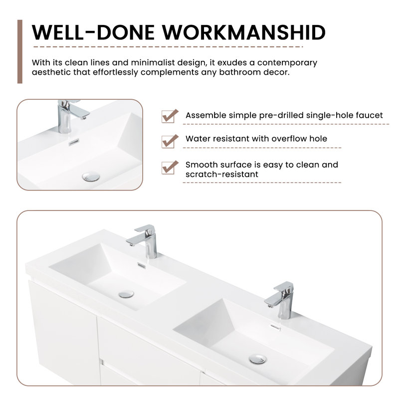 Meuble-lavabo double 59 po avec comptoir Ellswerth, Blanc lustré