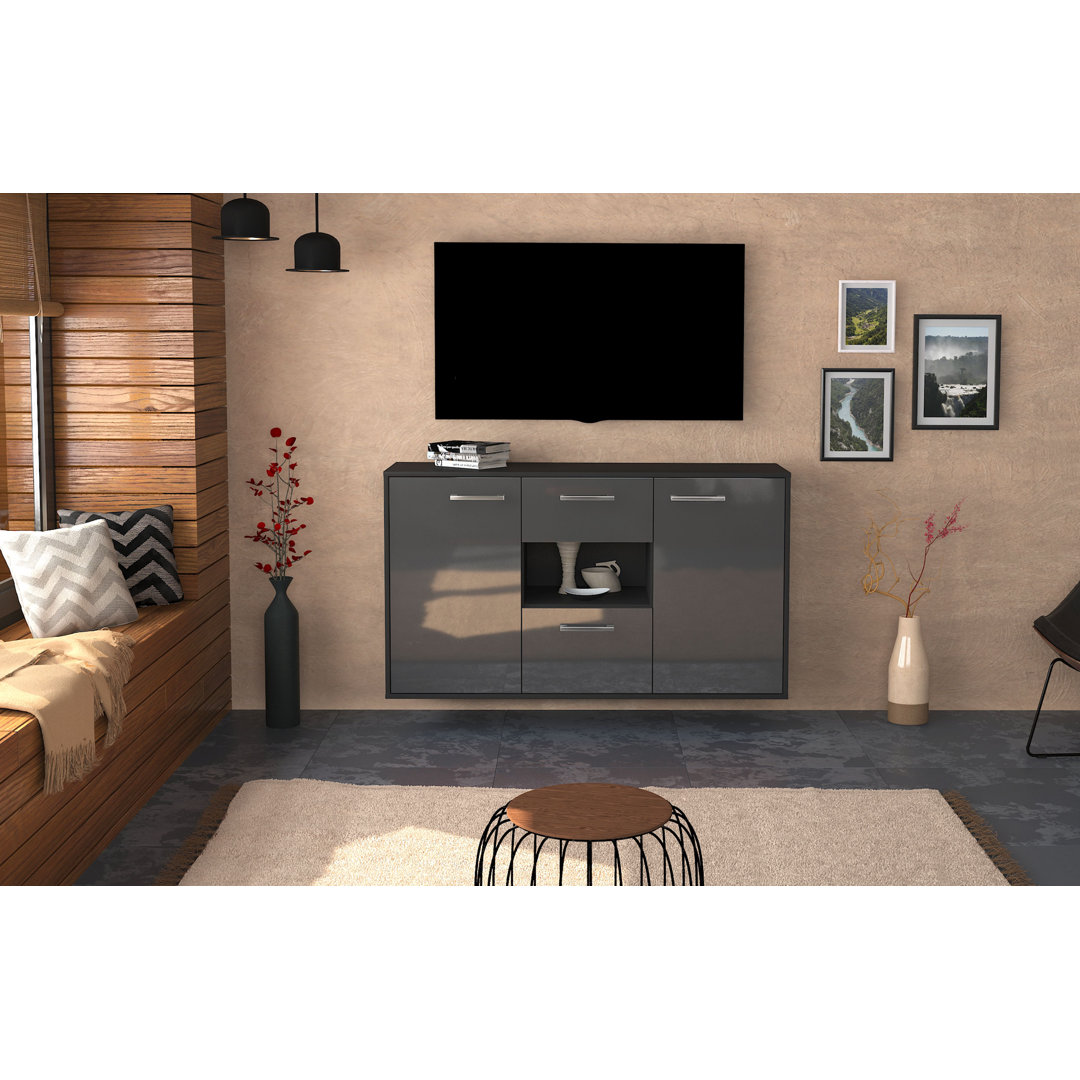 Sideboard Barun, Farbe: Grau/Weiß, Fliegend/Metallgriffe, Größe: 136x79x35 cm