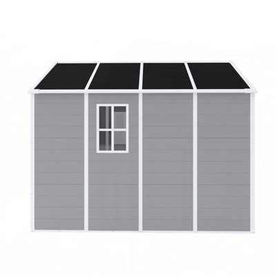 Campcraft 8*8ft resin storage shed, high quality pp material, strong structure, waterproof, rust and UV proof, large storage space, 12mm thick pp board, HD window lighting