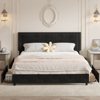 King Size Bed with Storage Drawers Upholstered Platform Bed Adjustable with Nailhead Trim Headboard Wooden Slats Support Bed Frame